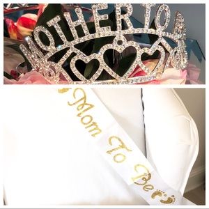 ‘Mom To Be’ White Satin Sash and Rhinestone Tiara Crown for Baby Shower